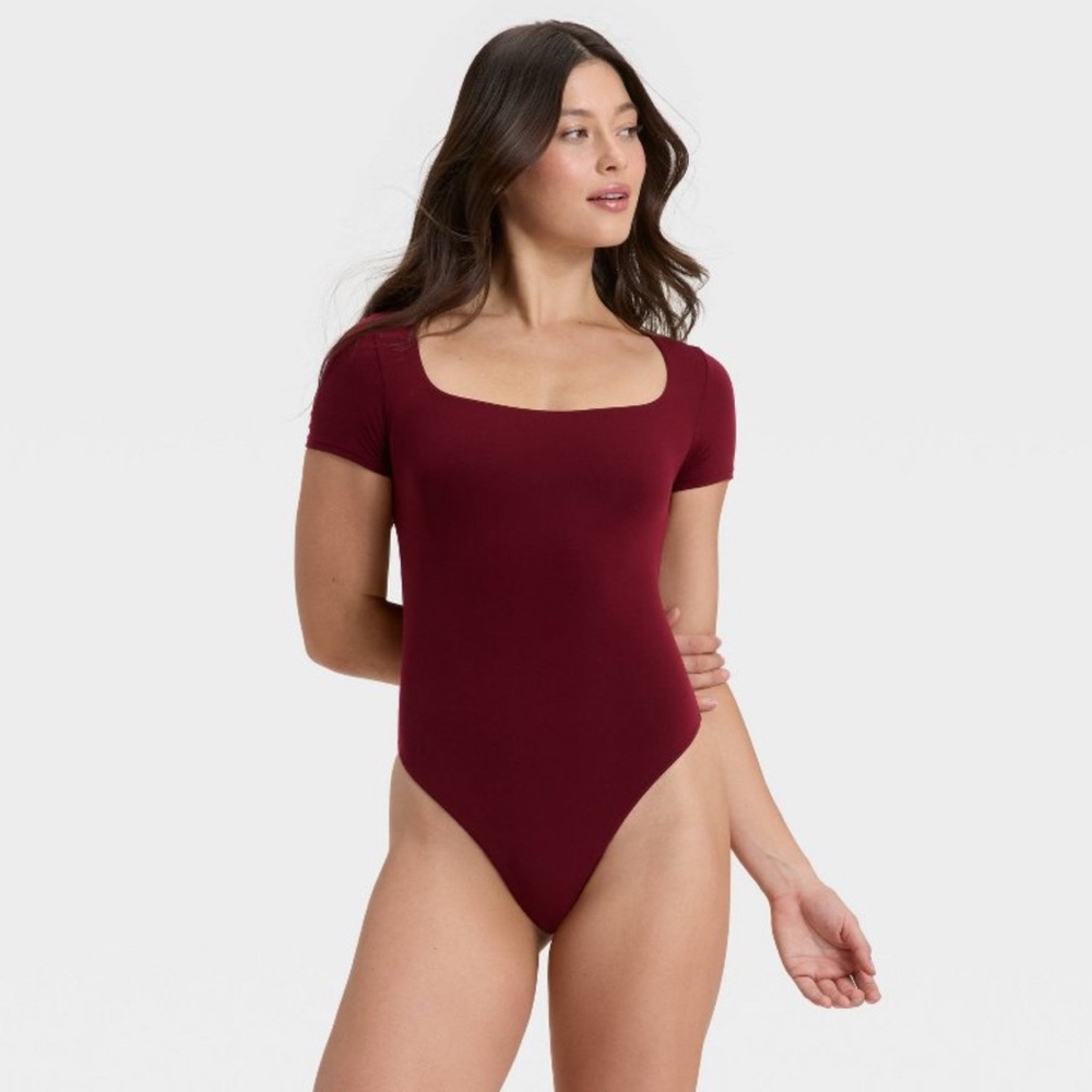 Auden Luxe Square-Neck Thong Bodysuit in Berry Red - Size L